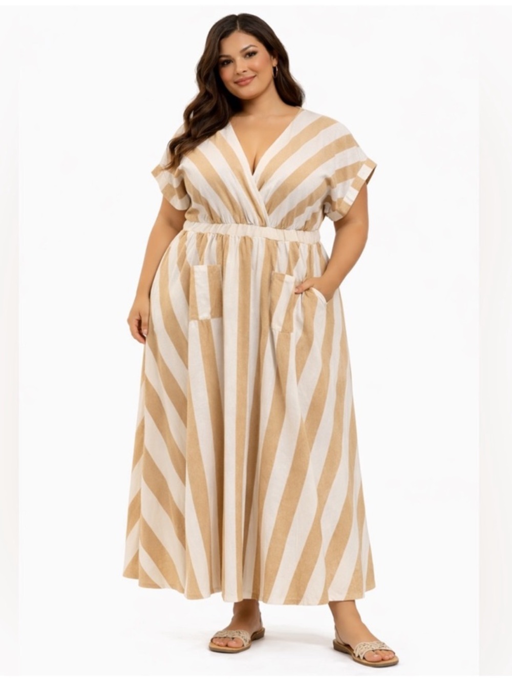 NWT Ashley Stewart Striped V-Neck Midi Dress in Beige and White Pockets SZ 18